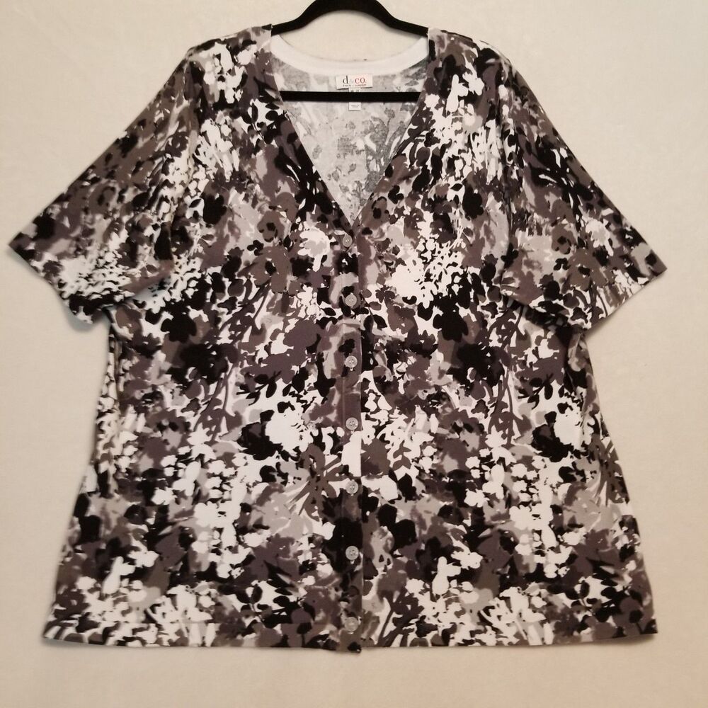 D&Co 2X Cardigan Black White Floral Lightweight Short Sleeve Transitional Office